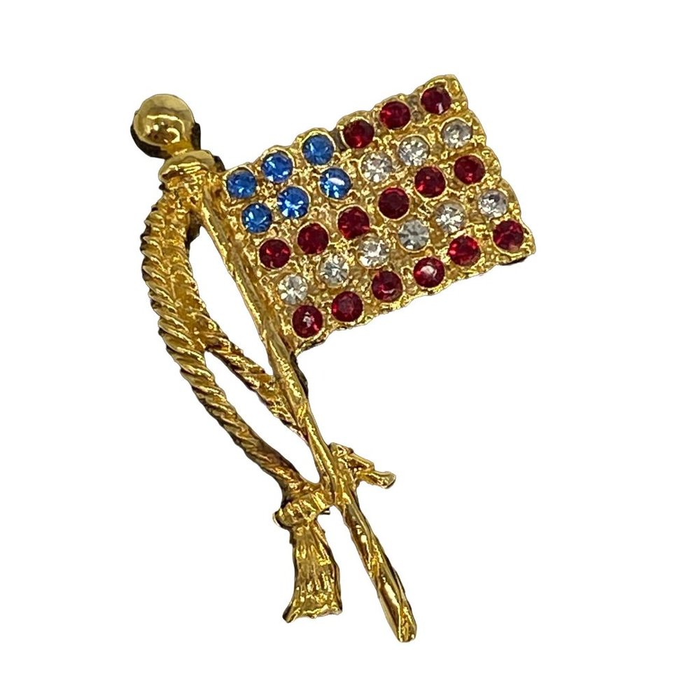VTG American Flag Rhinestone Brooch Fashion Pin NOS Made USA 1.5"